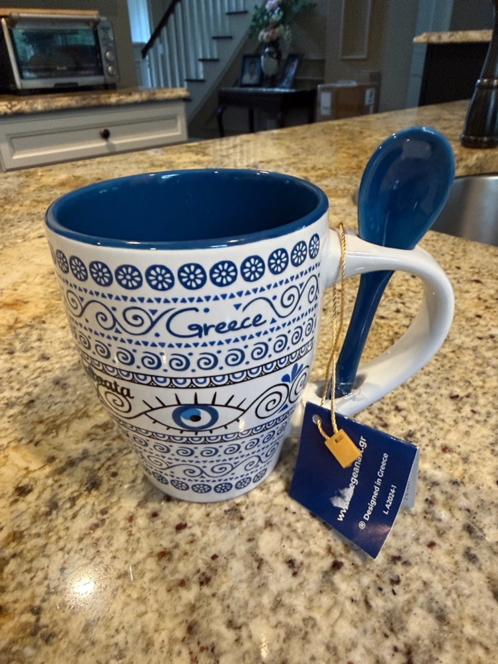 Blue Greece Eye Ceramic Mug with Spoon